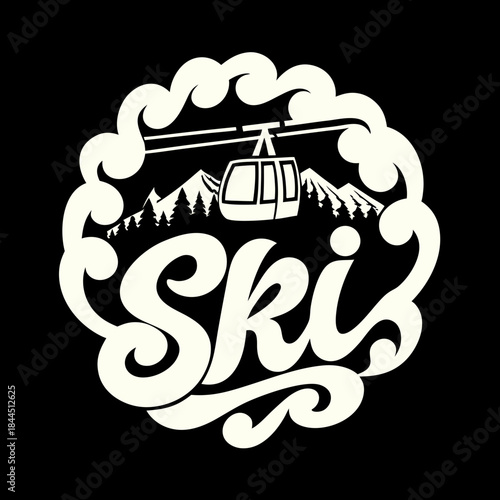 Ski lift cable car silhouette with mountain and pine tree view