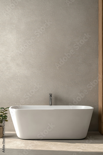 Minimal freestanding bathtub in modern bathroom interior with concrete wall texture, neutral tones, and soft lighting, representing luxury spa concept, wellness lifestyle, calm atmosphere,