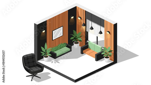 Modern isometric room design with stylish seating and indoor plants