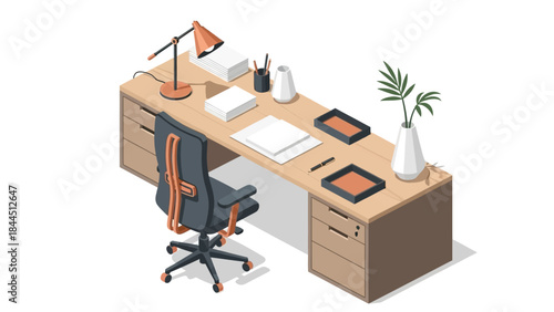Modern office workspace with isometric desk, chair, and accessories in minimalist design