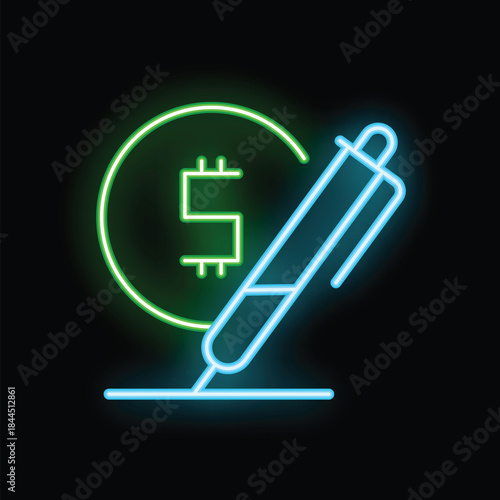 Neon sign showing a pen signing next to a cryptocurrency coin, representing the concept of signing a smart contract