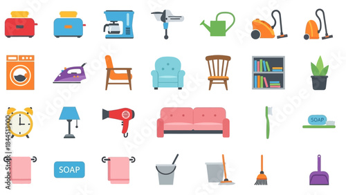 A Collection of Household Items and Appliances Represented as Flat Icons