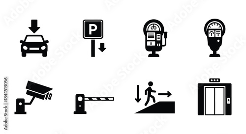 Collection of black and white parking exit and payment icons
