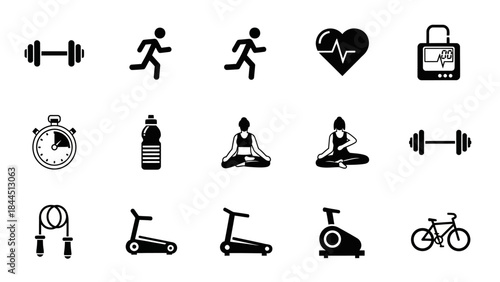 A collection of minimalist black and white icons representing various fitness and health