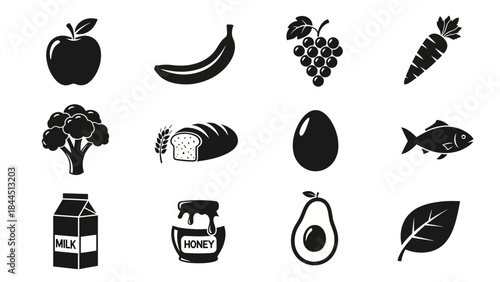 A collection of twelve diverse black and white food icons for easy visual representation