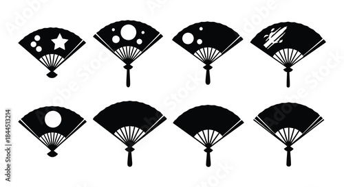 Collection of decorative black asian folding fans with varying designs