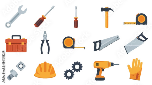 A collection of various tools and safety equipment for construction and repair tasks