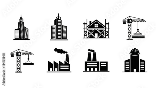 A set of industrial and architectural building icons representing construction and industry