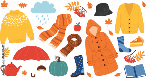 Autumn Cozy Clothing and Seasonal Objects Vector Illustration Set with Fall Fashion, Weather Icons, and Warm Accessories for Lifestyle and Editorial Design