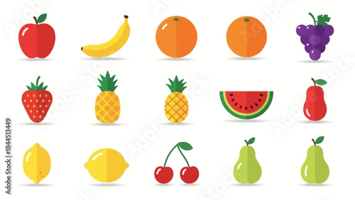 A vibrant collection of flat design icons representing a diverse assortment of fresh fruits