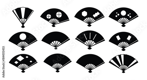 Collection of decorative black asian folding fans with varying designs