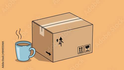 A steaming cup of coffee sits beside a cardboard shipping box on an orange background