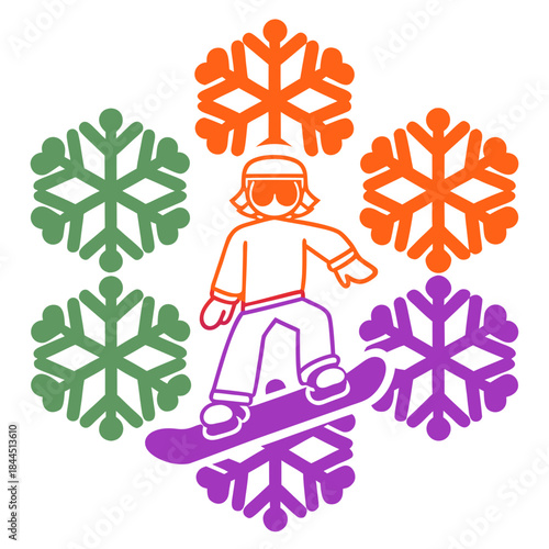 Stylized snowboarder with colorful snowflakes snowboarding