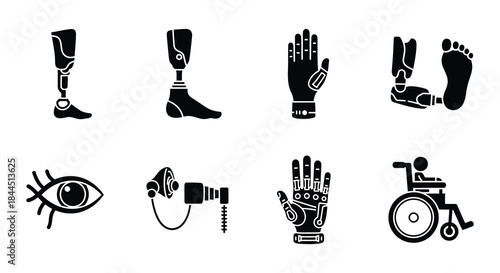 Illustrative set of prosthetic limbs and hands in black silhouette style