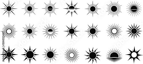 Sun Icon Collection Vector Set with Minimal and Decorative Solar Symbols for Weather Forecasts, Energy Logos, Summer Designs, and Graphic Interface Projects
