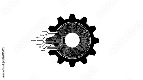 Abstract digital gear with integrated circuit board and data stream represents technological