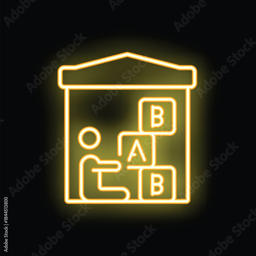 Yellow neon sign depicting a toddler playing with alphabet blocks in a playschool, suitable for educational or recreational themes