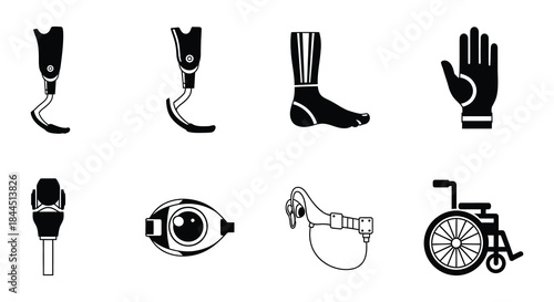 Illustrative set of prosthetic limbs and hands in black silhouette style