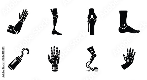 Illustrative set of prosthetic limbs and hands in black silhouette style