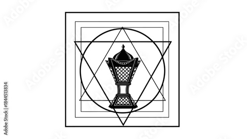 Black and White Geometric Emblem Featuring an Arabian Incense Burner and Sacred Geometry Symbols