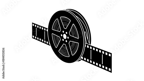 Black and white graphic illustration of a film reel with film strip
