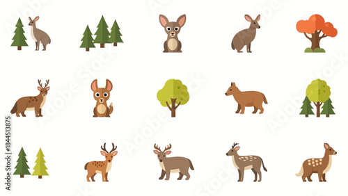 Charming Flat Icons of Deer and Forest Elements for Various Designs