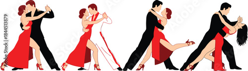 Elegant Tango Dance Couple Poses Vector Illustration Set Showing Passionate Ballroom Movement, Latin Dance Steps, and Romantic Partner Performance Silhouettes