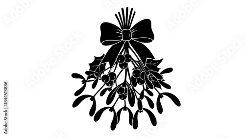Christmas mistletoe and holly branch with bow silhouette icon