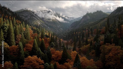 Stunning mountain vista with dynamic clouds and vibrant autumn forests at golden hour