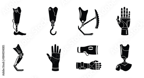 Illustrative set of prosthetic limbs and hands in black silhouette style