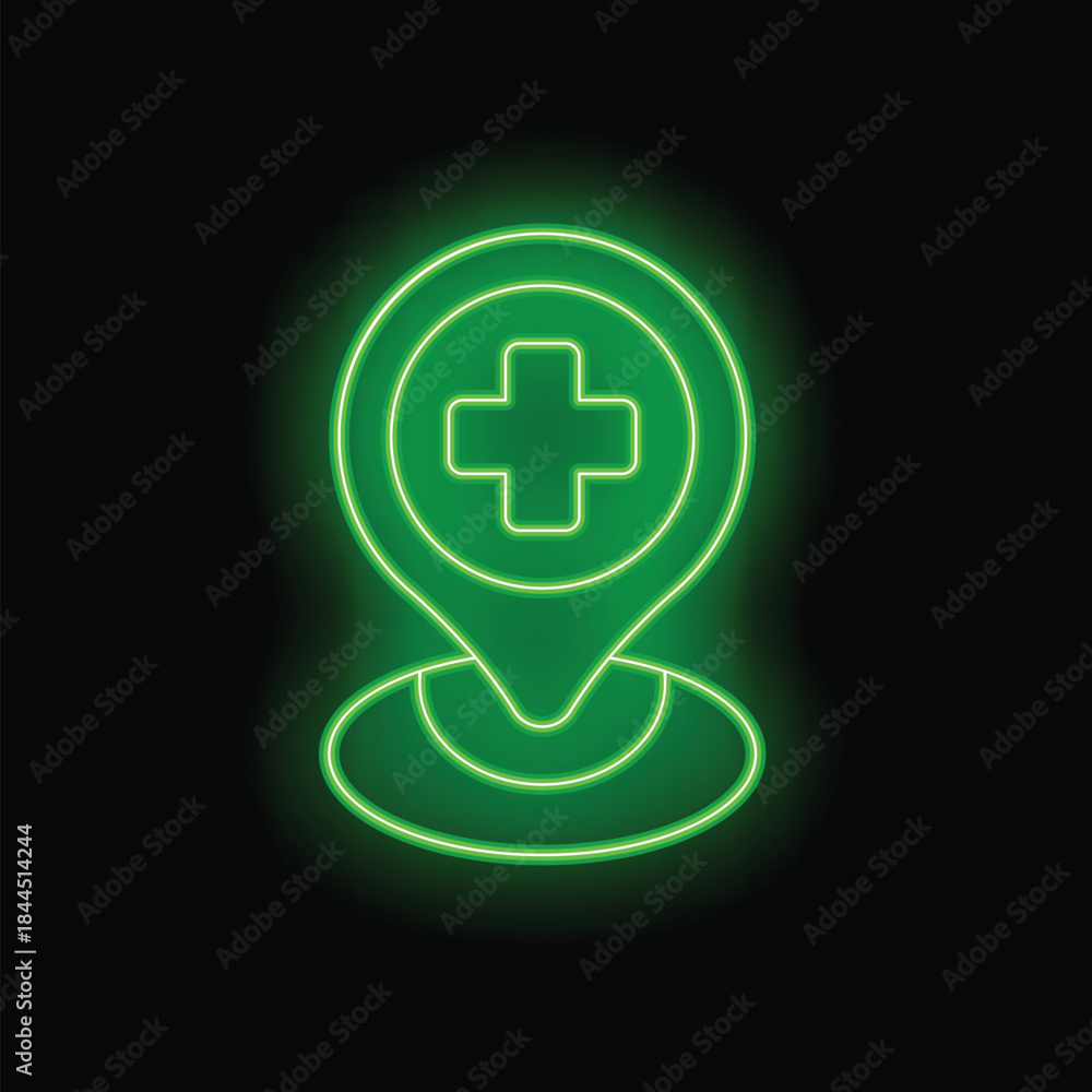 Obraz premium Green neon glowing medical location pin icon on a black background