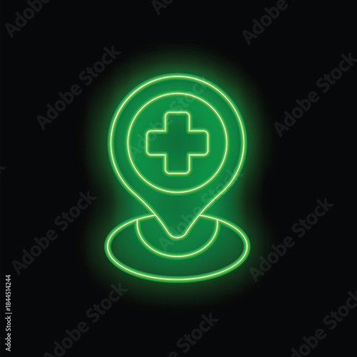 Green neon glowing medical location pin icon on a black background