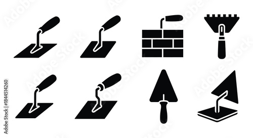 Black silhouette icons representing various masonry and construction tools