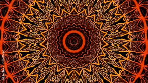 Golden Orange Kaleidoscope Energy Rings Electric Symmetry Motion Loop Abstract Circular Light Pattern Seamless Background