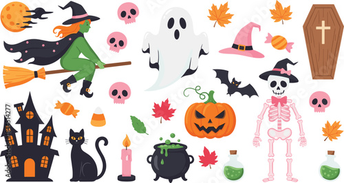 Halloween spooky illustration set with witch, ghost, pumpkin, skeleton and haunted house, playful cartoon vector collection for autumn holiday and party design