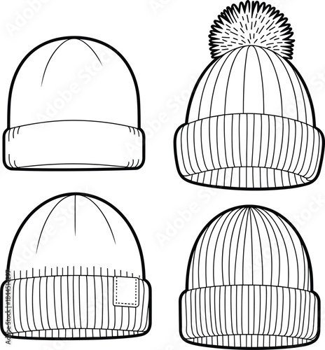 Collection of Winter Beanies and Hats with Pom and Patch Details fashion flat