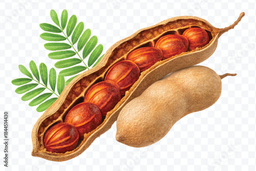 two ripe tamarind pods with one opened revealing seeds and pulp green leaves in different style isolated on transparent background
