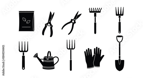 Gardening tools and equipment set in black and white silhouette style