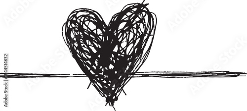 Banner with tangled grungy heart scribbles hand drawn with thin line, divider shape