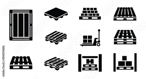 Black and white icons depicting various types of pallets and a hand truck
