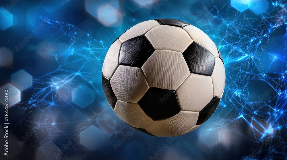 Obraz premium Classic Soccer Ball Over Abstract Blue Background with Bokeh Effects
