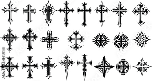 Gothic cross ornament illustration set with decorative religious symbols, detailed black vector collection for tattoo, medieval, spiritual and dark graphic design