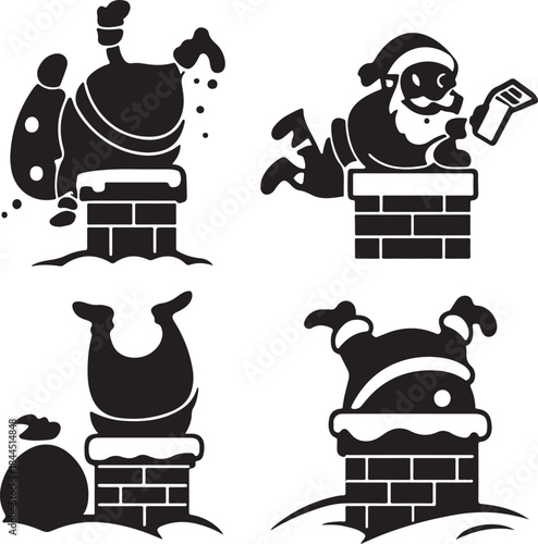 Funny Santa Claus going down the chimney silhouette set