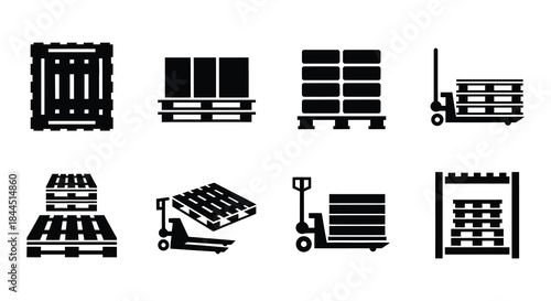 Black and white icons depicting various types of pallets and a hand truck