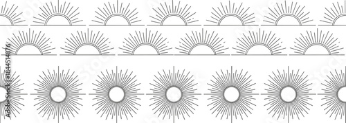 Minimal sunburst and sunrise line illustration set with abstract rays, black outline vector collection for boho decor, celestial design and modern graphic patterns