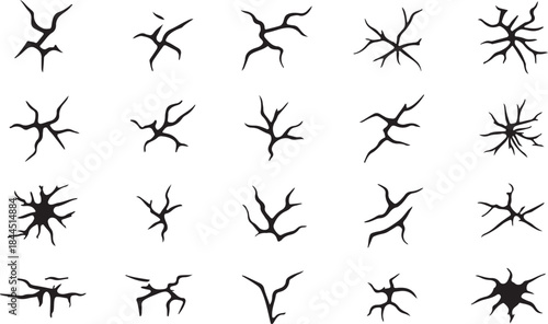 Ground cracks vector icon set. Ground crack or fissure, breaks on land surface, crevices disaster or drought, black fractures top view, crack pattern background