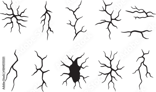 Ground cracks vector icon set. Ground crack or fissure, breaks on land surface, crevices disaster or drought, black fractures top view, crack pattern background