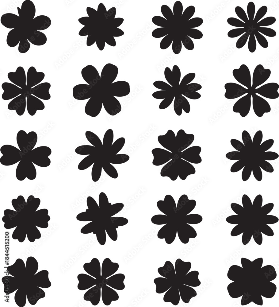 Fototapeta premium Diverse collection of black floral silhouette icons arranged in a clean grid on a white background