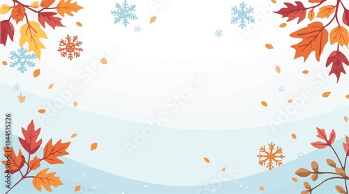  illustration of a fall snow banner with a flat design style, featuring gentle snowflakes and vibrant autumn leaves in a harmonious color palette