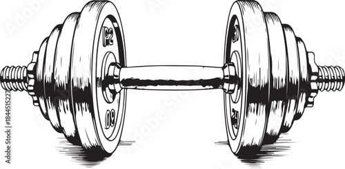 Vintage engraving style illustration of an adjustable dumbbell for weight training and fitness